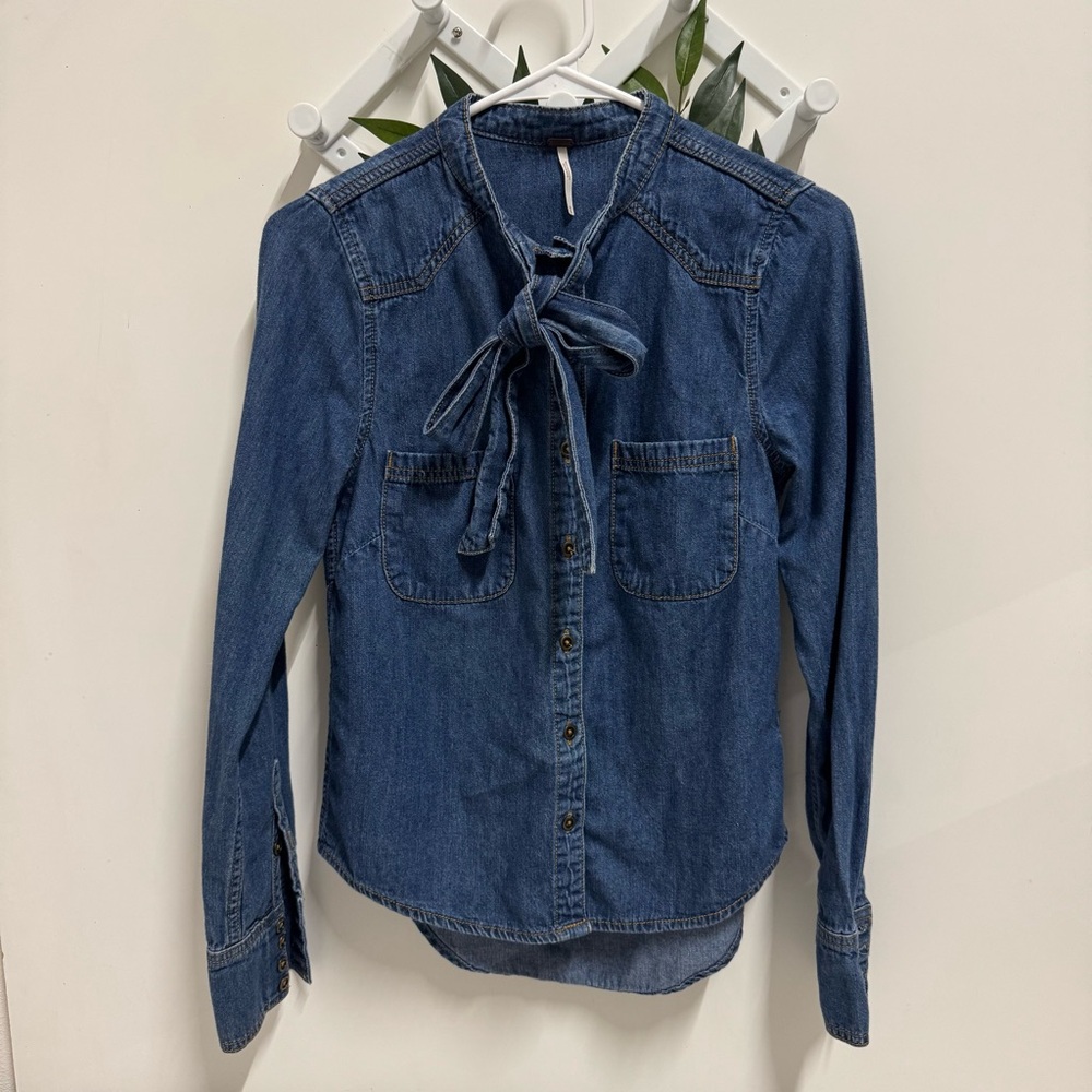 Free People Denim Button Down Long Sleeve Tie Front Shirt
